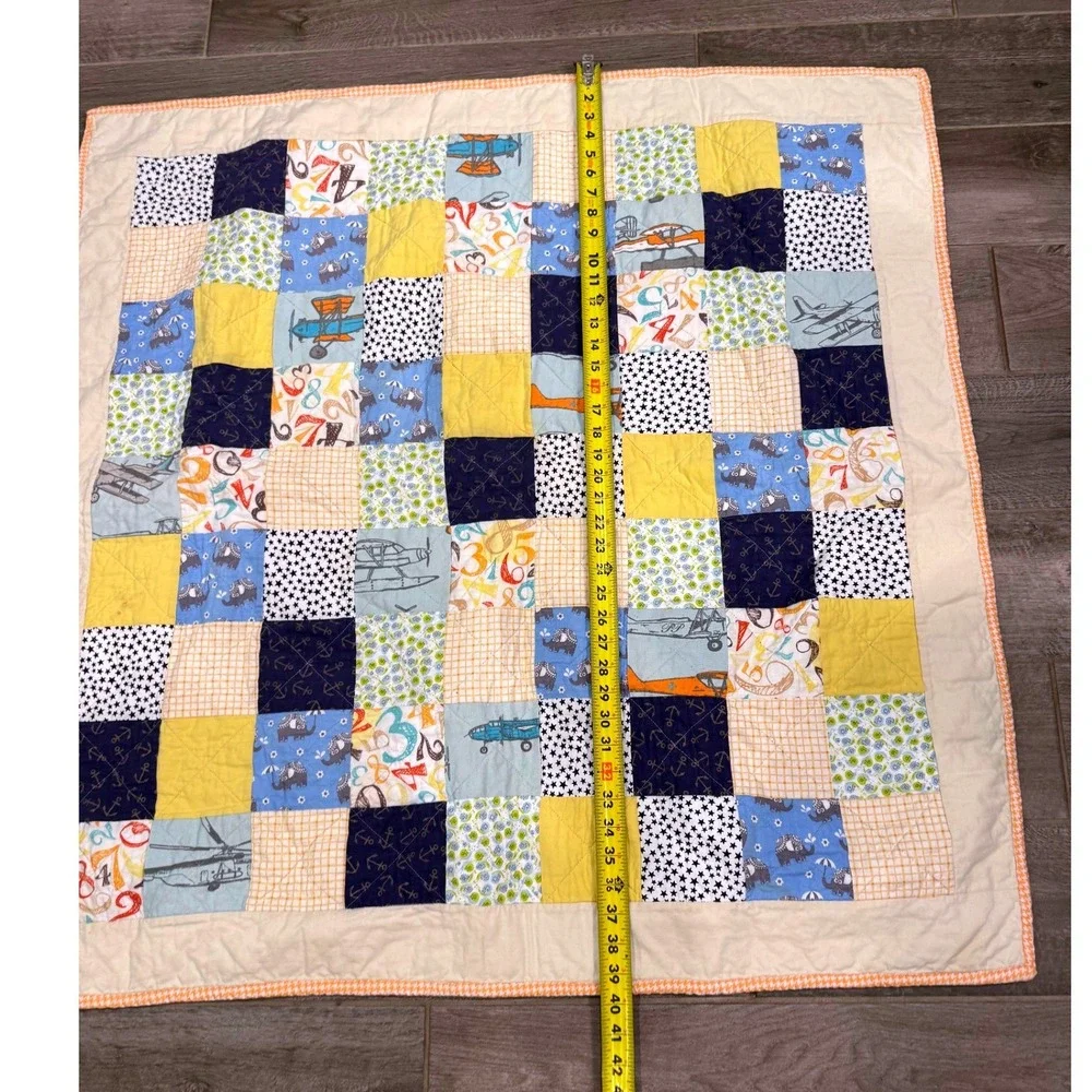 Handmade Baby Quilt Airplane Aviation Patchwork Minky Backing 40x39 Nursery